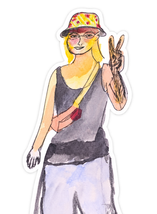 R, faisant un signe de la main, dessinée à l’aquarelle