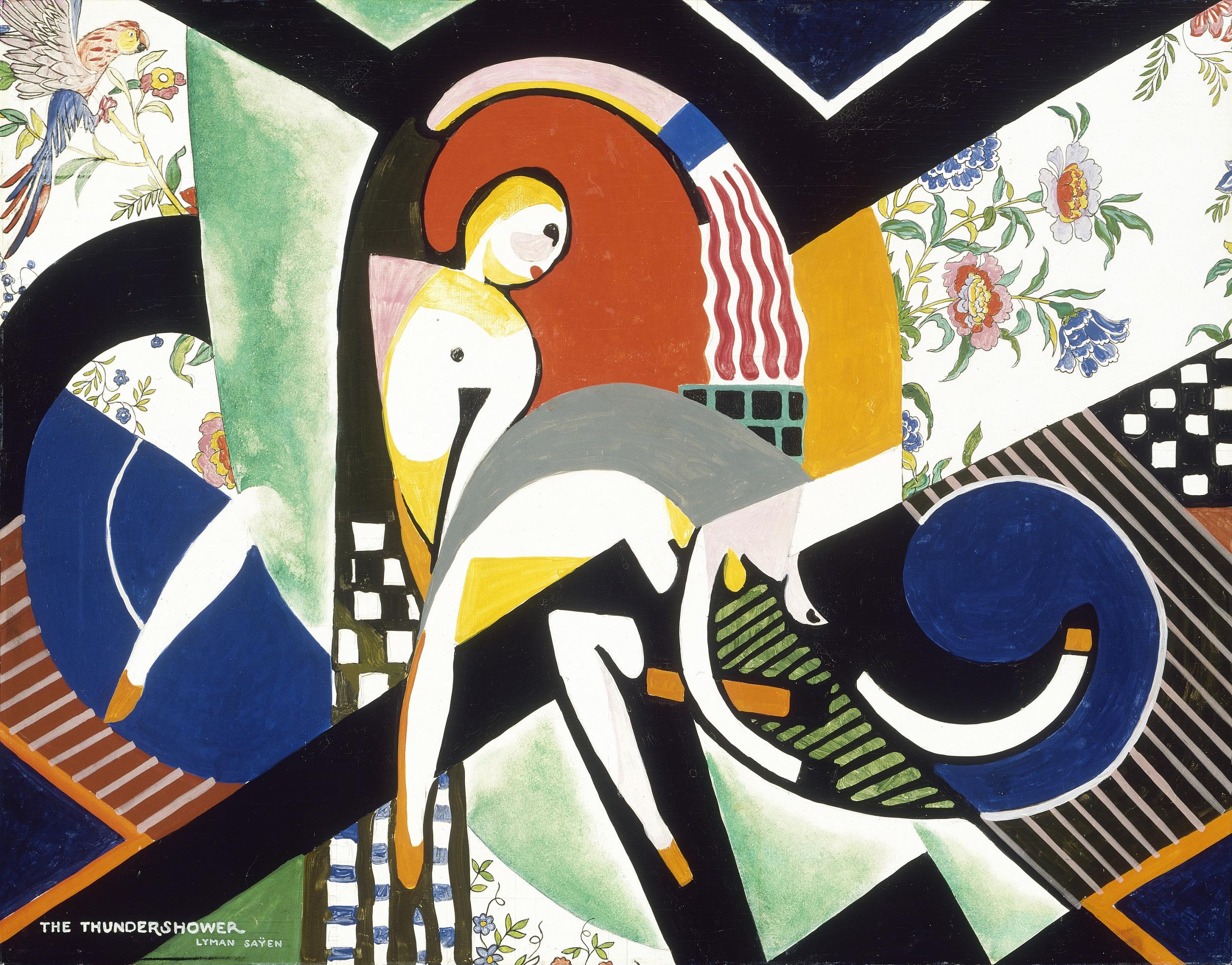 The Thundershower — H. Lyman Saÿen (vers 1917-1918) Réalisée à la fin de la vie de l'artiste américain, cette œuvre mêle figures humaines et formes abstraites dans une composition traversée par le mouvement et la couleur. Deux silhouettes semblent évoluer dans un monde en pleine transformation. Entr